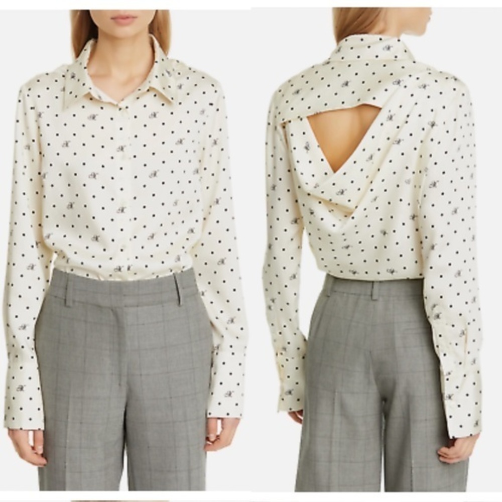 NWT MONSE Logo Open Back Draped Button Down Blouse